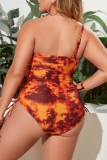 Orange Sexy Print Backless Oblique Collar Plus Size Swimwear (With Paddings)