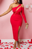 Red Sexy Solid Hollowed Out See-through Slit One Shoulder One Step Skirt Dresses