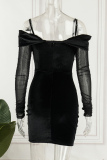 Black Sexy Solid Patchwork Backless Off the Shoulder Long Sleeve Dresses