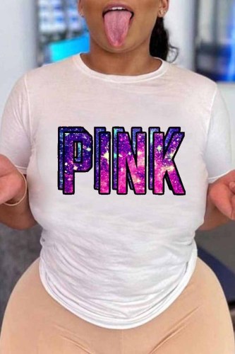 White Casual Print Letter O Neck T-Shirts