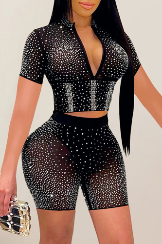 Black Sexy Patchwork Hot Drill Zipper Collar Long Sleeve Two Pieces