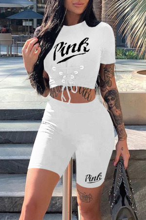 White Casual Sportswear Print Bandage Patchwork O Neck Short Sleeve Two Pieces