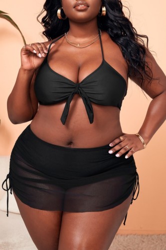 Black Sexy Solid Bandage Backless Halter Plus Size Swimwear (With Paddings)