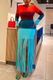 Blue Sexy Casual Patchwork Tassel Contrast O Neck Long Dress Dresses