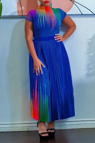 Dark Blue Casual Elegant Gradual Change Print Patchwork Fold O Neck Short Sleeve Two Pieces