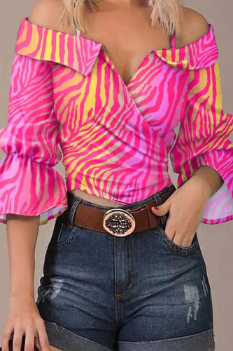 Rose Red Casual Sweet Print Patchwork Off the Shoulder Tops