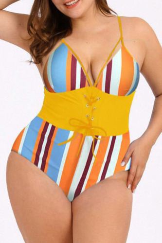 Yellow Sexy Print Bandage Patchwork Swimwears