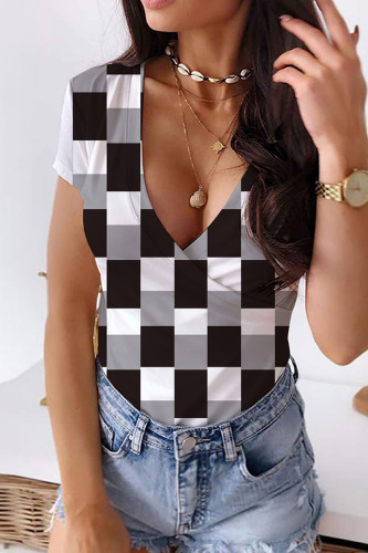 Black White Casual Print Patchwork V Neck T-Shirts