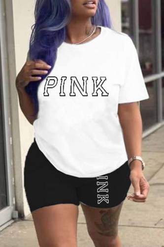 Black Casual Print Letter O Neck Short Sleeve Two Pieces