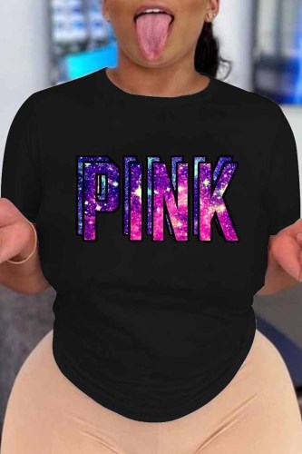 Black Casual Print Letter O Neck T-Shirts