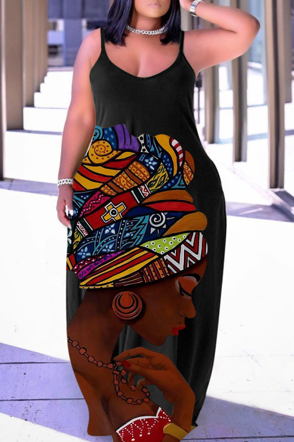 Black Brown Casual Street Print Patchwork Spaghetti Strap Lantern Skirt Plus Size Dresses