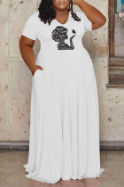 White Casual Print Patchwork V Neck Straight Plus Size Dresses
