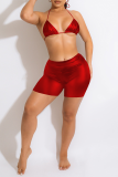 Red Sexy Solid Patchwork Spaghetti Strap Sleeveless Two Pieces