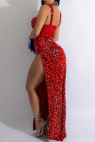 Red Sexy Patchwork Hot Drilling Backless Slit Spaghetti Strap Long Dress Dresses