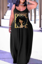 Black Gold Casual Print Patchwork Spaghetti Strap Lantern Skirt Plus Size Dresses