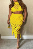 Yellow Plus Size Fashion Sexy Solid Hollowed Out Turtleneck Two Pieces