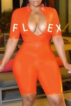 Orange Casual Letter Patchwork Basic Zipper Collar Skinny Romper