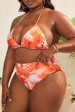 Orange Tie Dye Print Sleeveless High Slit Cover Up Cami Bra and Shorts Vacation Swimwear Three Piece Set With Paddings