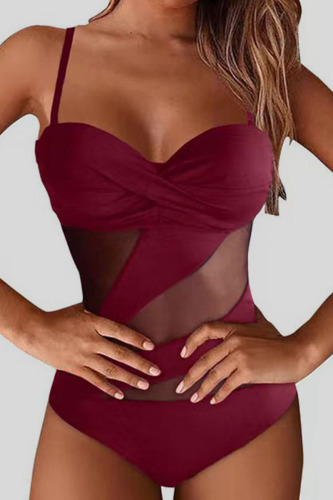Burgundy Sexy Solid Bandage Patchwork See-through Backless Swimwears