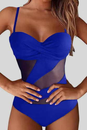 Royal Blue Sexy Solid Bandage Patchwork See-through Backless Swimwears