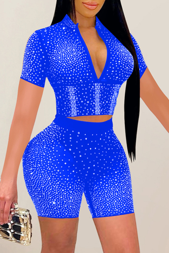 Blue Sexy Patchwork Hot Drill Zipper Collar Long Sleeve Two Pieces