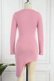 Pink Casual Solid Patchwork Asymmetrical Square Collar Pencil Skirt Dresses