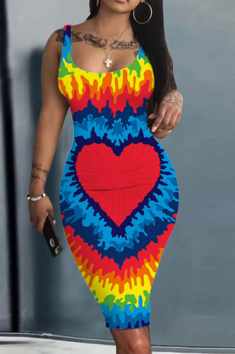 Red Blue Casual Print Patchwork U Neck Pencil Skirt Dresses