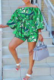Green Casual Print Patchwork Off the Shoulder Long Sleeve Two Pieces