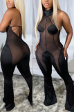 Black Sexy Casual Solid Patchwork See-through Halter Skinny Jumpsuits