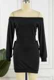 Black Casual Solid Frenulum Off the Shoulder Long Sleeve Dresses