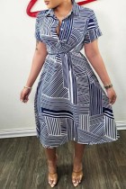 Blue Casual Print Patchwork Turndown Collar Short Sleeve Dress
