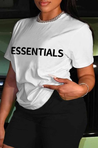 White Casual Print Letter O Neck T-Shirts