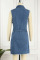Light Blue Casual Solid Ripped Patchwork Buckle Turndown Collar Sleeveless High Waist Regular Denim Dresses