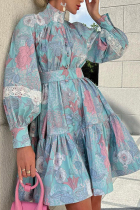 Sky Blue Elegant College Print Printing Turtleneck Princess Dresses