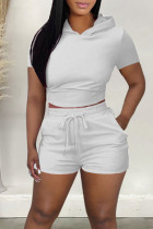 White Casual Solid Bandage Patchwork Backless Hooded Collar Short Sleeve Two Pieces