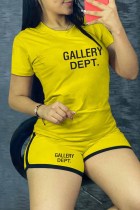 Yellow Casual Print Letter O Neck Short Sleeve Two Pieces