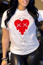 White Casual Print Patchwork O Neck T-Shirts