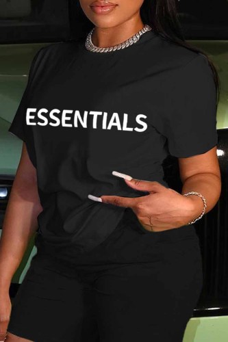 Black Casual Print Letter O Neck T-Shirts
