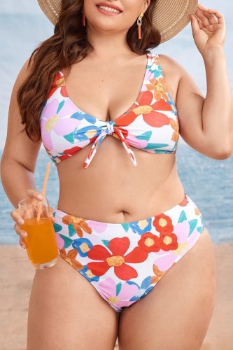 Multicolor Sexy Print Backless V Neck Plus Size Swimwear (With Paddings)