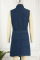 Light Blue Casual Solid Ripped Patchwork Buckle Turndown Collar Sleeveless High Waist Regular Denim Dresses