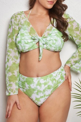 Green Sexy Print Bandage V Neck Plus Size Swimsuit Three Piece Set (With Paddings)