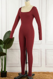 Burgundy Casual Sportswear Solid Patchwork U Neck Skinny Jumpsuits
