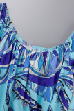 Blue Casual Print Patchwork Off the Shoulder Long Sleeve Two Pieces