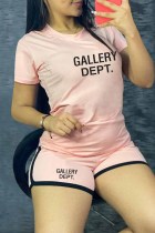Light Pink Casual Print Letter O Neck Short Sleeve Two Pieces