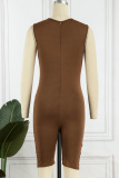 Brown Casual Solid Basic O Neck Skinny Romper