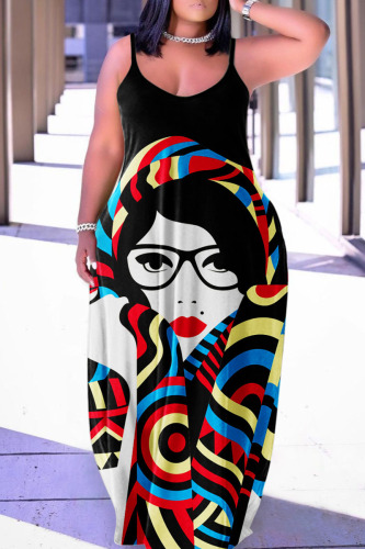 Blue Black Casual Print Patchwork Spaghetti Strap Lantern Skirt Plus Size Dresses