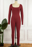 Burgundy Casual Sportswear Solid Patchwork U Neck Skinny Jumpsuits
