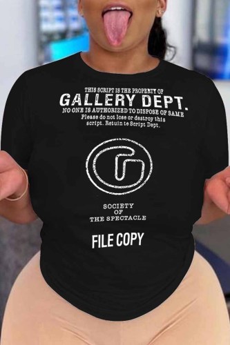 Black Casual Print Letter O Neck T-Shirts