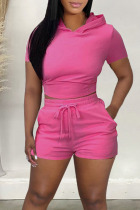 Rose Red Casual Solid Bandage Patchwork Backless Hooded Collar Short Sleeve Two Pieces