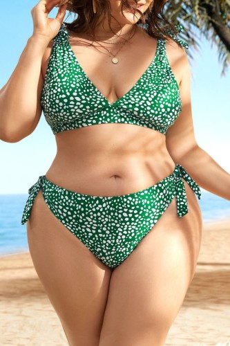 Green Sexy Print Bandage Backless V Neck Plus Size Swimwear (With Paddings)